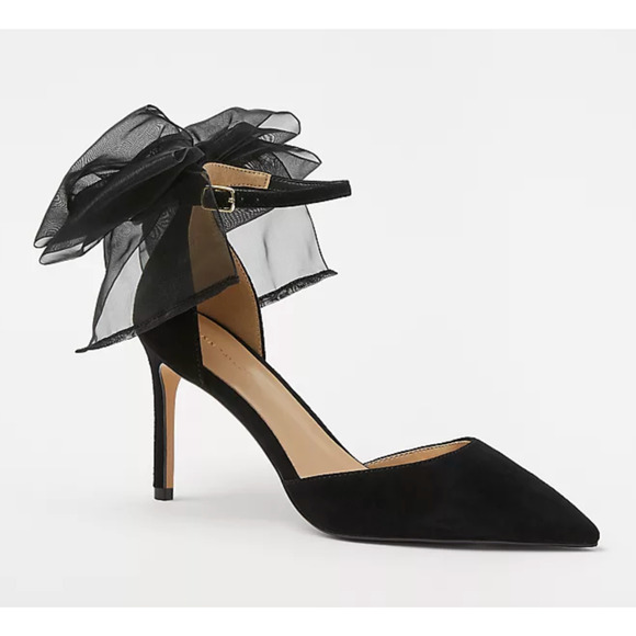 NEW ANN TAYLOR BLACK ORGANZA BOW SUEDE PUMPS HIGH HEELS SHOES SZ 10 - Picture 1 of 4